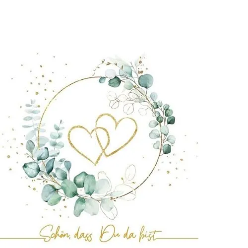 kleine Cocktail-Servietten Herzen um Eukalyptus gold weiß | Hochzeit | Heirat | Liebe | Schön dass Du da bist | basteln | Decoupage | Serviettentechnik | Tischdeko 25x25cm 20