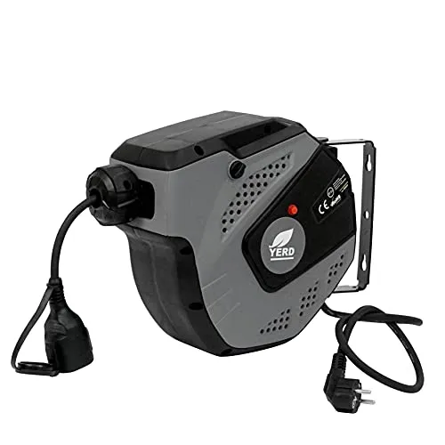 YERD automatische Kabeltrommel 14+1 m (v2021), 230V Verlängerungskabel mit Wandhalterung, 15m Gummi- Profi-Stromkabel (H07RN-F Kabel), Thermoschutz-Schalter, IP34 Schutz