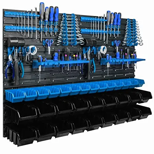 Lagersystem Wandregal 115x78cm, Werkzeughalterungen, 32 stck. Stapelboxen Schüttenregal Sichtlagerkästen, Extra Starke Wandplatten, Regal Erweiterbar, Werkstattregal Lagerregal Werkstattwandregal Ste