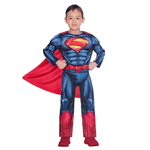 Amscan Superman Kostüm für Kinder (8-10 Jahre) - Kostüm für Kinder, verwandelt in die berühmte Comic-Figur Superman mit ausgepolsterter Brust und abnehmbarem Umhang – perfekt für Karneval und Gruppenfeiern.