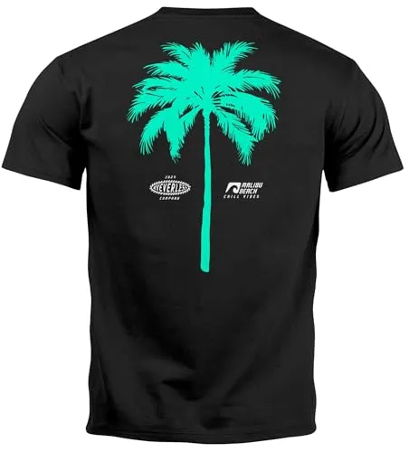Neverless® Herren T-Shirt mit Palmen-Print Baumwollstoff und Grafik Aufdruck Sommer Fashion Streetstyle Schwarz-Tuerkis L
