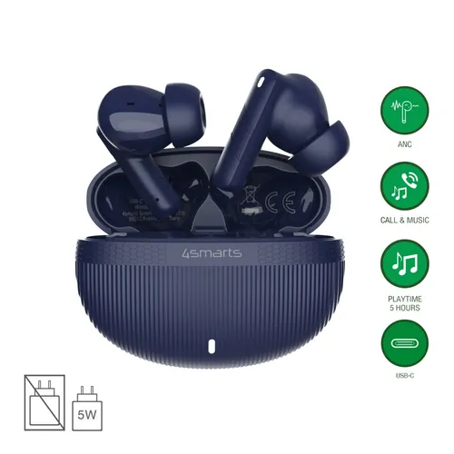 4smarts SkyBuds Pro ANC Bluetooth Kopfhörer - Kopfhörer mit aktivem Noise Cancelling, ideal für ungestörtes Musik- und Telefonvergnügen, in stylischem Blau.