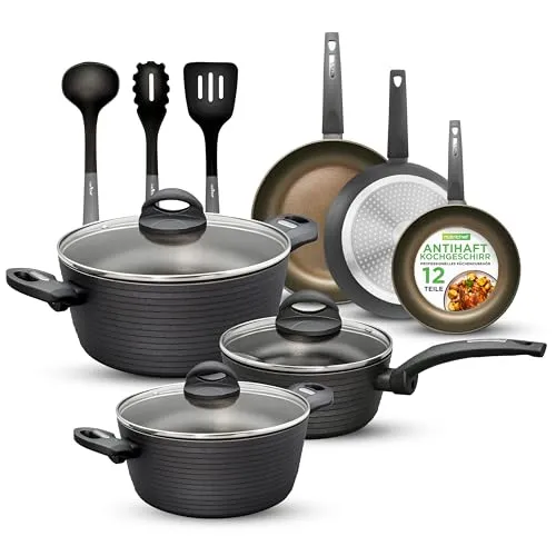 NutriChef 12-teiliges Topfset & Pfannenset Induktion – Pots & Pans Sets – Umfangreiches Kochtopf Set beinhaltet Töpfe Induktion geeignet & Pfannen Induktion geeignet, beschichtete Kochgeschirr Set