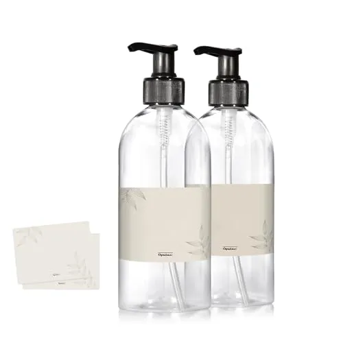 Oputec 2 x 500ml Seifenspender aus Kunststoff + Etiketten: Shampoo Flaschen zum Befüllen als Duschgel Spender, Pumpspender, Pumpflasche - Behälter zum Befüllen für Küche Badezimmer