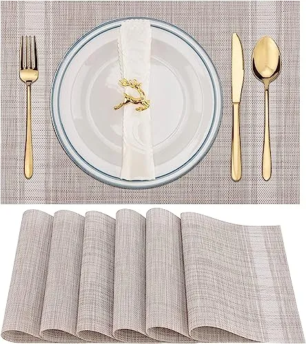 WUBAYI Platzdeckchen, 6 Stück, hitzebeständig, schmutzabweisend, rutschfest, gewebt, Vinyl-Isolierung, waschbar, langlebig, elegant, Tischsets Tischuntersetzer für Esszimmer (Beige Weiß)