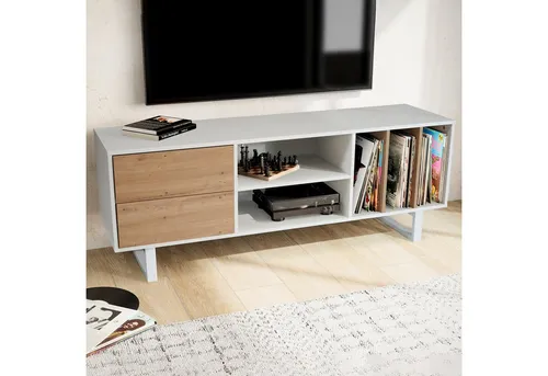 FINEBUY Lowboard FB56045 - Modernes TV-Möbel in Weiß/Eiche-Dekor - Stylisches Lowboard für Fernseher bis 70 Zoll, mit zwei Schubladen und offenen Ablagefächern für optimale Ordnung und Kabelmanagement.
