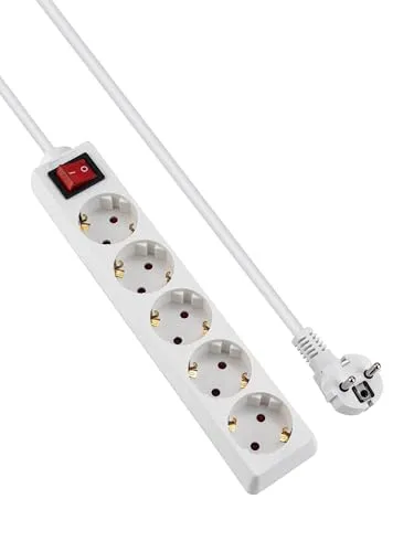 GRIFEMA Steckdosenleiste 5-Fach Mehrfachsteckdose mit Schalter, 3500 W, 16 A, 1,5 m Kabel, Kinderschutz, 45° Steckdosenorientierung, Vermeidung von Phantomverbrauch, Weiß