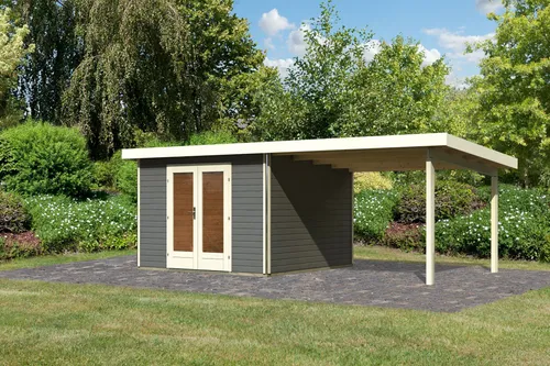 Karibu Gartenhaus Gerätehaus Radeburg 1 im Set 3,3 m Anbaudach terragrau 604x309x229,5 cm