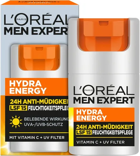 L'Oréal Men Expert Hydra Energy 24H Feuchtigkeitspflege mit LSF15 - Die L'Oréal Men Expert Hydra Energy 24H Feuchtigkeitspflege ist ideal für müde Männerhaut. Sie spendet langanhaltende Feuchtigkeit und schützt mit LSF15 vor UV-Strahlen, für ein frisches Hautgefühl den ganzen Tag.