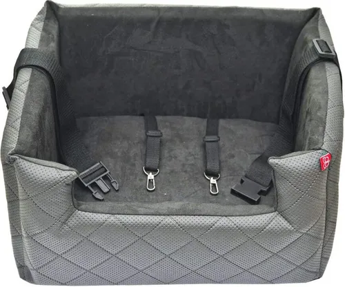 BoutiqueZOO Hundesitz Auto M 47x40x25 cm | r Autositz für Hunde & Katzen | Kunstleder | Mit Kissen & Leinen | Grau