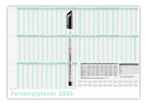 Urlaubsplaner/Personalplaner 2026 nass abwischbar mit Folienkaschierung + Folienstift - DIN B1 Format (1000 x 700 mm) 22 Mitarbeiter Januar bis März Folgejahr mit Schulferien (gerollt!)