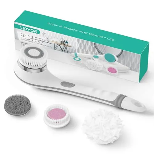 VOYOR Rückenbürste Duschbürste Körperbürste elektrische Rückenbürste langer Griff wasserdicht Aufladbar mit 4 Reinigungsköpfen für Spa Dusche Peeling Massagebürste BC100 (Grau)