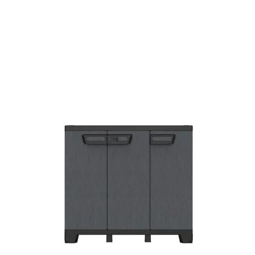 Kreher® Dreitüriger Aufbewahrungsschrank - Praktischer Aufbewahrungsschrank aus robustem Kunststoff in edler Schiefer-Optik mit höhenverstellbaren Böden und abschließbaren Türen – ideal für Werkzeuge, Putzmittel und Gartenutensilien.