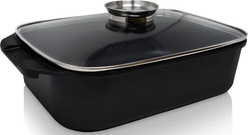 Krüger Aluguss Aromabräter DELTA, 34,5x24x9 cm - Pfannen aus Aluminiumguss, hitzebeständig bis 200 °C und mit Aromaknopf für intensiven Geschmack. Ideal für Induktions-Kochfelder und backofenfest, mit 5,5 l Fassungsvermögen.