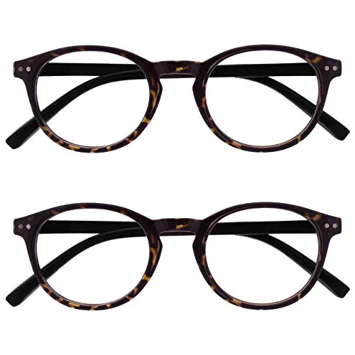 OPULIZE Zen Lesebrille 2er Pack Kleine Runde Rahmen Federscharniere Kratzfest Dunkelbraune Schildpatt Herren Damen RR24-2 +3.00