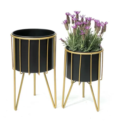 DanDiBo Blumenhocker mit Topf Metall Gold Schwarz Rund 2er Set Blumenständer 96039, Blumensäule Modern Pflanzenständer Pflanzenhocker