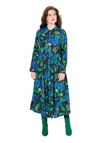 Ulla Popken Damen große Größen Übergrößen Plus Size Maxikleid, A-Linie, V-Ausschnitt, Schluppe, Langarm schwarz 46+ 832858100-46+