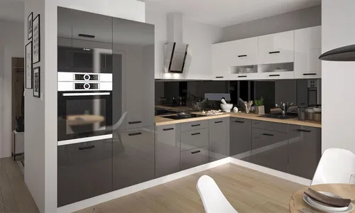 L-Form Küchenzeile ESSEN TREND 336x225cm - Moderne Einbauküche in perlweiß mit Hochglanzfronten, ausgestattet mit Soft-Close-Funktion und praktischen Schubladen. Ideal für stilvolle Küchenräume.