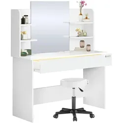 DeubaXXL DE Schminktisch Lucia Weiß 140x110x40cm mit Rollhocker - Schminktisch mit großem Spiegel und automatischer LED-Beleuchtung in der Schublade, ideal für die perfekte Präsentation deiner Beauty-Produkte.