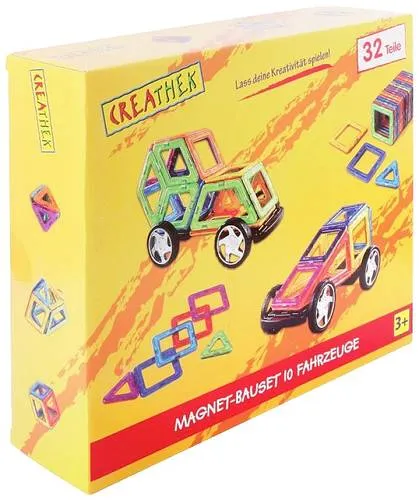 Creathek Magnet-Bauset mit Rädern, 32 Teile - Kunststoffspielzeug mit 32 Teilen, ideal für kreative Bauprojekte. Fördert die Fantasie der Kinder ab 3 Jahren durch vielseitige Formen und Farben.