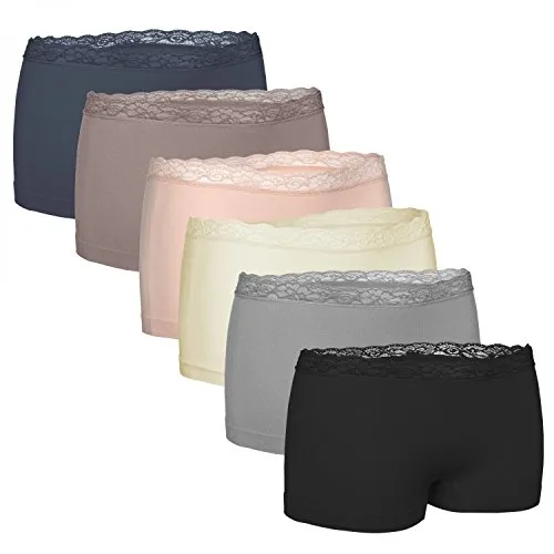 Fabio Farini - Damen Panties 6er Pack nahtlos Boxershorts, Seamless, Boxershorts mit Spitzen-Besatz, aus Microfaser Multifarb Set S