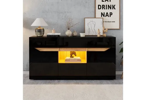 Merax Hochglanz Sideboard mit LED Beleuchtung – Stilvolle Anrichte in Weiß/Schwarz - Das Merax Hochglanz Sideboard vereint modernes Design und Funktionalität. Mit 4 Schubladen, 2 Schränken und einem offenen Fach bietet es viel Stauraum. Die integrierte LED-Beleuchtung setzt stilvolle Akzente und sorgt für ein ansprechendes Ambiente.
