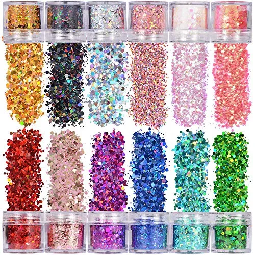 XUBX 12 Boxen Nagel Glitzer Set, Make up Set Chunky Glitter, Make-up Dekorative Pailletten, Glitzerpulver Sequin für NagelKunst, Lidschatten, Gesich, Lippen, Haare, Basteln, DIY, Festival Masquerade