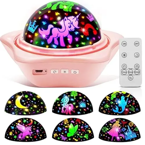 One Fire Sternenhimmel Projektor für Kinder - Nachtlichter mit 90 Lichtmodi und 6 Themen für eine beruhigende Atmosphäre, ideal zum Einschlafen und Entspannen. Mit Fernbedienung und 360° Drehung für ein fantastisches Erlebnis.