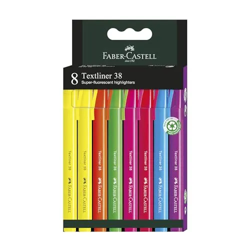 Faber-Castell 157778 - Textmarker Set, 8 Marker mit dünnem Schaft, Textliner 38, leuchtende Farben