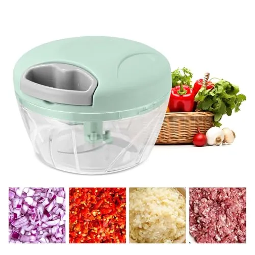 Zwiebelschneider Manuell, 500 ml Zwiebel Zerkleinerer mit Seilzug, Multizerkleinerer mit 3 Edelstahlklingen, Vegetable Chopper, Gemüseschneider Küche für Gemüse Knoblauch Zwiebeln