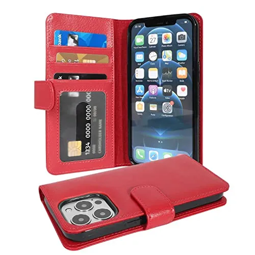 Cadorabo Hülle kompatibel mit Apple iPhone 13 PRO aus Premium Kunst Leder Flip Klappbare Stoßfeste Magnetische [Standfunktion] [Kartenfächern] Cover Hülle für iPhone 13 PRO Tasche in Rot