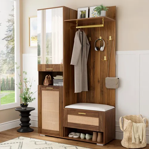 Merax Garderoben-Set mit Schuhschrank, Kleiderschrank mit Spiegel und 6 goldenen Haken, Sitzbank mit 16-Farbiger LED-Beleuchtung, Flurmöbel Walnuss