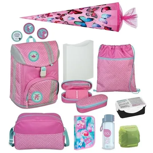 Mädchen Schulranzen Set 10-teilig mit Schultüte und Sporttasche - Schultaschen-Set für die 1. Klasse, ergonomischer Rucksack mit nur 980 Gramm Gewicht, verstellbar und mit reflektierenden Elementen für Sicherheit.