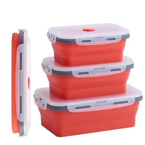 Frischhaltedosen mit Deckel, Faltbare Silikon Brotdose Meal Prep Boxen Gefrierdosen Frischhaltedosen für Kinder oder Küche, Mikrowelle, Dishasher und Gefrierschrank sicher (350, Rot, 1, 474067)