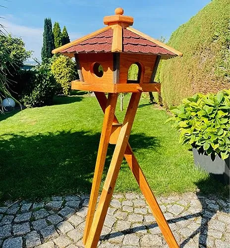 DARLUX Vogel Futter Haus L oder XL Sechseck Holz Vogelhaus Futterstelle Braun/Blau, Rot, Schwarz und Grün (XL mit Ständer, Rot - Braun)