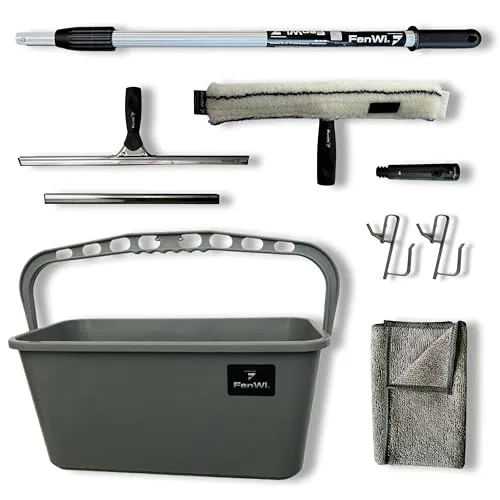 FenWi 1,25m Profi Fensterputzer Komplett-Set mit Fensterabzieher, Mikrofaser Fensterwischer, Eimer und Teleskopstange - zur Glasreinigung für Fenster, Bad & Wintergarten