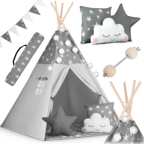 Tipi-Zelt für Kinder mit Girlande und Lichtern Nukido – grau mit Sternen - Zelte: Gemütliches Tipi-Zelt für Kinder mit zauberhaften Lichtern und Girlande, ideal für Spiel und Entspannung.