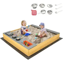 COSTWAY Holzsandkasten, Kindersandkasten mit Küchenzubehör und eingebauter Sitzbank, für Kinder von 3-8 Jahren, Natur - Naturbelassen