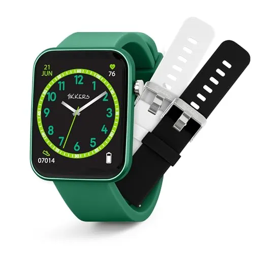 Tikkers Kids Series13 Smart Green Interchangeable Strap Kinderuhr - Stylische Smartwatch für Kinder mit 3 austauschbaren Bändern. Mit Schrittzähler, Sport-Tracking und Musiksteuerung bleibt Ihr Kind aktiv und verbunden. Inklusive kostenloser App für ein verbessertes Erlebnis.
