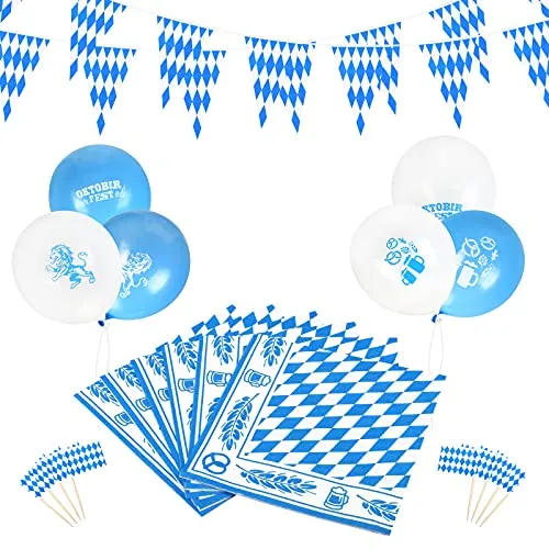 TAROME 115Stk Oktoberfest Deko Set, Oktoberfestdeko Wimpel Girlande blau/weiß Luftballon Fähnchen Pick Oktoberfest Papierserviette Bayrisch Stil für Oktoberfest Outdoor Wiesn Party