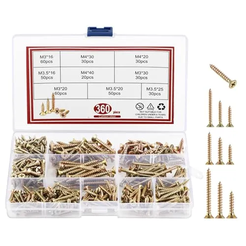 Stück Schrauben Set, Holzschrauben Set, Selbstschneidende Schrauben Sortiment mit Geräteschrauben für Schalterdosen, Senkkopf Schrauben Set mit Aufbewahrungsbox für DIY-Projekte und Reparatur 360