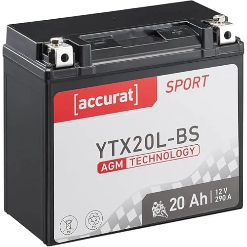 Accurat Motorradbatterie YTX20L-BS - 12V, 20Ah, 290A, wartungsfrei - Motorradbatterie mit hoher Rüttelfestigkeit und extrem langer Lebensdauer, ideal für Motorräder, Roller und Quads im Stadtverkehr.