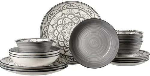 Ritzenhoff & Breker Tafelservice Doha (16-tlg) für 4 Personen - Elegantes Porzellan-Set für 4 Personen, mikrowellen- und spülmaschinenfest, mit stilvollem blümchen Design in Grau. Perfekt für jeden Anlass!
