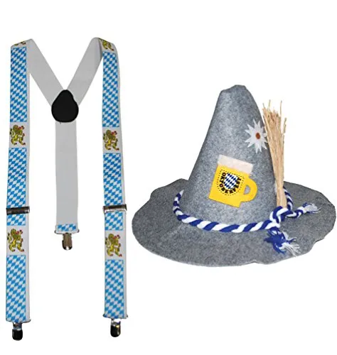 Karneval-Klamotten Oktoberfest Hut Bayern Tirolerhut Seppelhut Herren Bierglas aus Filz INKL Hosenträger Oktoberfest Karneval