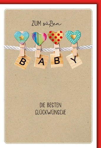 Baby - Karte mit Umschlag - Klammern mit Herzen