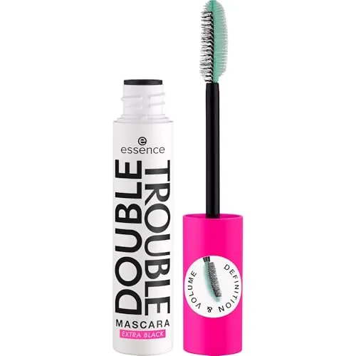 essence DOUBLE TROUBLE MASCARA EXTRA BLACK, Schwarz, langanhaltend, volumengebend, schwunggebend, intensiv, vegan, ohne Mikroplastikpartikel, Nanopartikel frei, ohne Parfüm, 1er Pack (12ml)