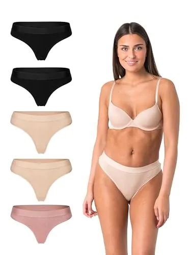 Elsie Damen String Tanga 5er Pack – Baumwolle mit Stretch, Bequeme Unterhosen Frauen mit elastischem Bund (DE/NL/SE/PL, Alphanumerisch, S, Regular, Regular, 2X Schwarz 2X Beige 1x Rosa)