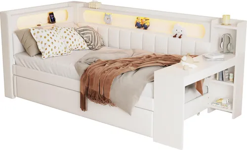 Schlafsofa mit LED-Beleuchtung und Stauraum, 90x200cm - Vielseitiges Schlafsofa mit integrierter RGB LED-Beleuchtung und praktischem Stauraum. Ideal für Gäste oder als Einzelbett, inklusive Lattenrost und Schreibtisch. Modernes Design, das Funktionalität und Stil vereint.