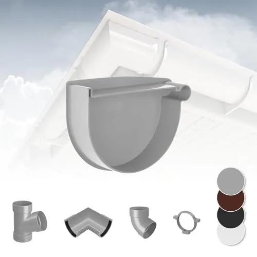 RAINWAY L Regenrinnen System (Rinnenendstück rechts grau) - PVC-U Kunststoff in 4 Farben, für Dachflächen > 100m² empfohlen, Endstück Endkappe