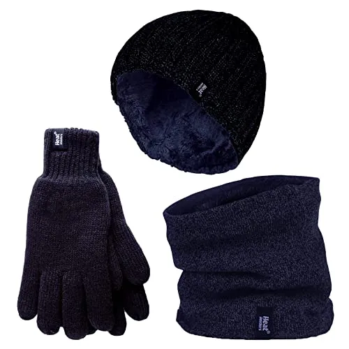 HEAT HOLDERS Herren Halswärmer Mütze Handschuhe Set Winddicht Warm Gestrickt Fleece Thermo Winter Set (L-XL, Marine)